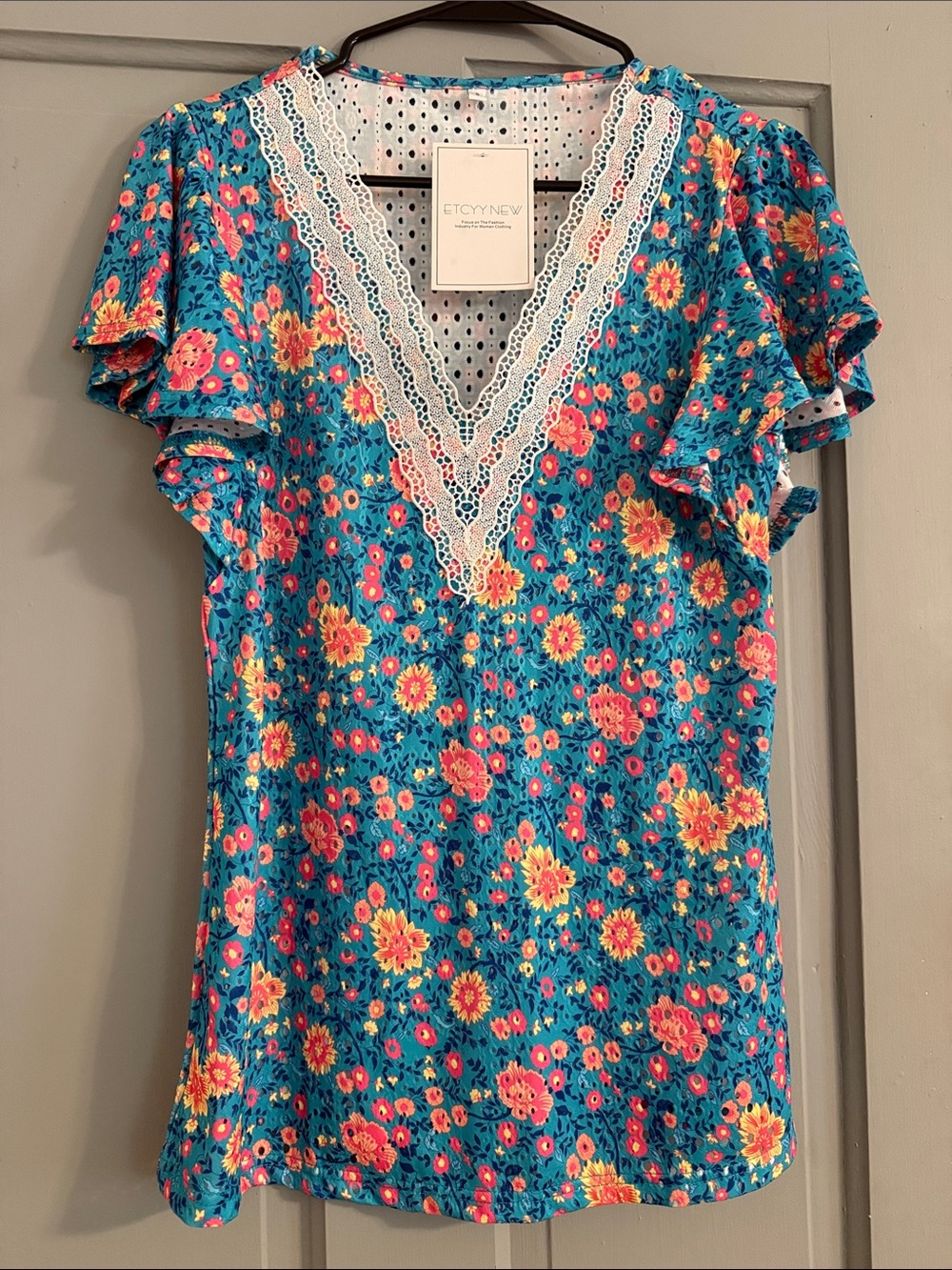 Etc-y New Teal Floral Lace-Trim V-Neck Top